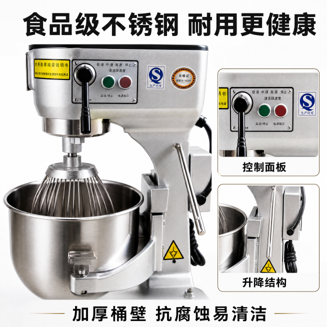 [主图-3] 打蛋搅拌机细节材质特写。保持产品细节和原图一致，特写搅拌桶和搅拌网，侧边两个小框展示控制面板和升降结构，标题写"食品级不锈钢 耐用更健康"，小框标注细节名称，底部写"加厚桶壁 抗腐蚀易清预览效果
