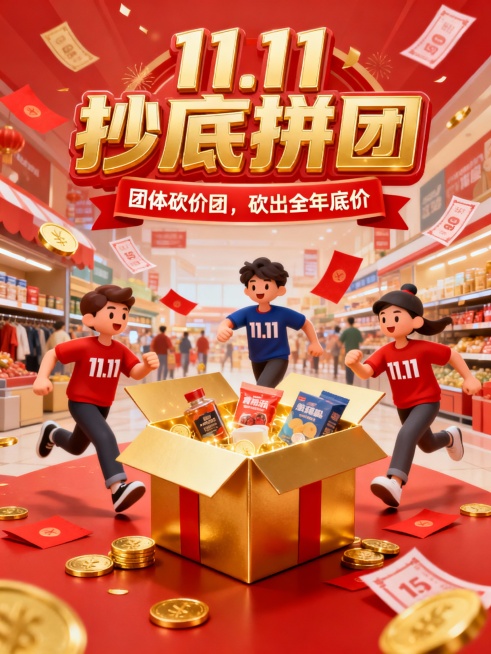 以红色为主色调的双11促销海报，顶部有金色艺术字“11.11 抄底拼团”，下方配红色提示条“团体砍价团，砍出全年底价”。画面核心是三个穿着印有“11.11”服饰的卡通人物，围绕着打开的金色礼盒奔跑，礼预览效果