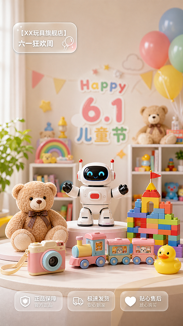 六一玩具直播左上角固定贴片，显示【XX玩具旗舰店】六一狂欢周，半透明磨砂底，白色字体，圆角矩形设计，小巧精致放置左上角，不遮挡主画面