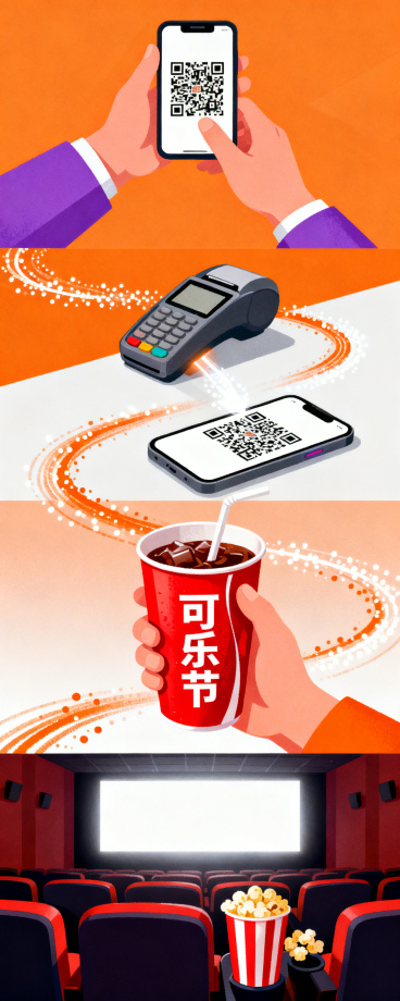 扁平插画风格，轻快活力，竖版构图，画面从上到下分为四个场景，用流动的橘色白色粒子光束线条串联。第一个场景：一只手拿着手机，对着二维码扫码；第二个场景：一个pos机对准下方出示二维码的手机；第三个场景：预览效果