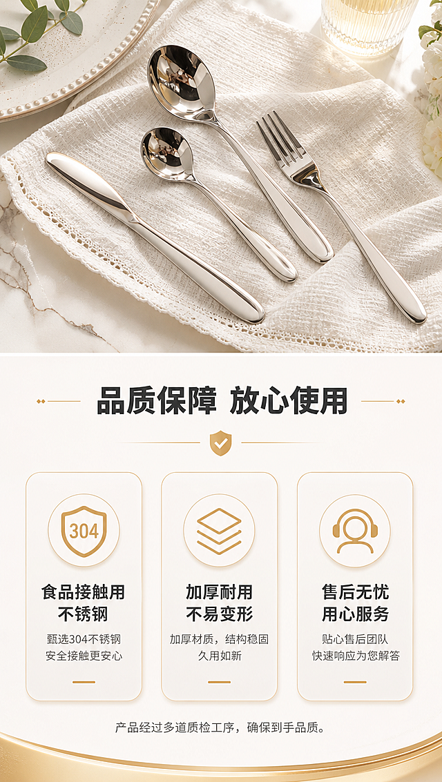 [商品] 使用【图1】4件餐具套装全家福；保留银色不锈钢材质与真实外观；以信任背书为主题，产品作为视觉元素之一。
[画面] 页面目标：信任保障页，降低购买顾虑。上下分层版式，上方约30%为餐具在干净餐布上的温馨摆拍（俯视角），中间约10%为标题区，下方约60%为3个信任保障模块横向排列。背景为暖白色渐变，底部有浅金色装饰条。三个模块分别为：食品接触安全认证图标、品质耐用承诺、贴心售后服务。整体氛围安心可靠。
[视觉] 套系策略：风格=现代轻奢餐厨商业摄影风；标题字=思源黑体粗体；正文字=思源黑体常规体；主色=银灰+暖白；背景延展=基于暖白与浅灰做深浅层级、同色渐变和细腻大理石/哑光纸面质感；强调色=暖金色，仅用于小面积图标、引线、标签和装饰线条；标题色=深炭灰；正文色=中暖灰；组件=圆角浅底信息卡、细线引线、金色装饰条；光影=左前侧45度暖柔光，金属高光清晰柔和。
[文字] 中部主标题「品质保障 放心使用」，下方三个模块配文：食品接触用不锈钢 / 加厚耐用不易变形 / 售后无忧 用心服务。底部可加一行小字说明：产品经过多道质检工序，确保到手品质。文字全部横向排版。
[规格] 图片比例9:16竖版，4K分辨率，负向提示：避免变形、错字、文字过小、虚假认证标识、绝对化用语、冷蓝背景、餐具结构改变。