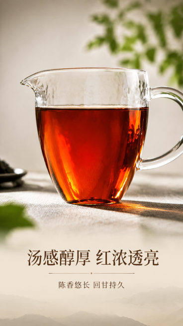 [第4屏] 本屏为茶汤质地特写，展示观自在普洱熟茶红润透亮的茶汤质感，本屏使用【图2】作为茶汤参考主体。[氛围/风格] 通透质感，温润食欲感，高级茶艺摄影。[元素布局] 玻璃公道杯中盛放冲泡好的普洱熟预览效果