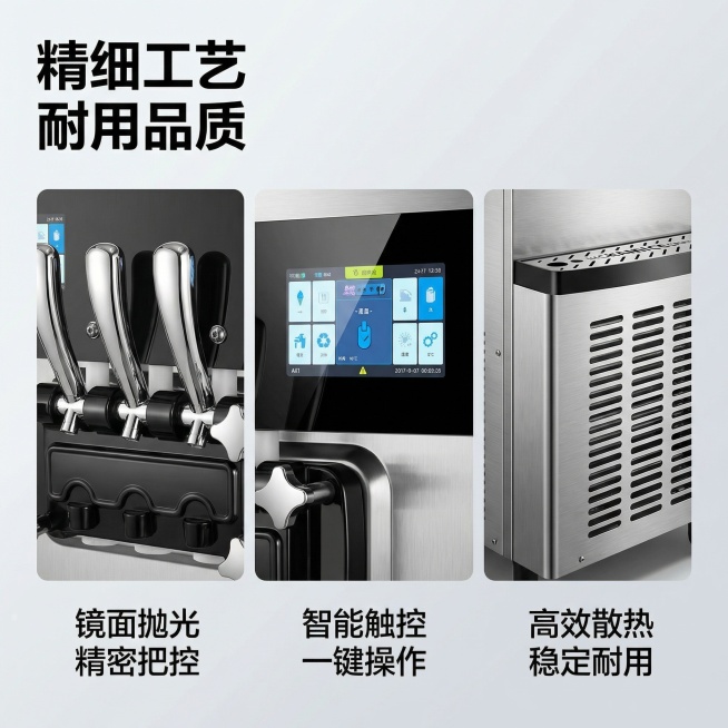 原图为商用三头冰激凌机，放大展示产品核心细节：高亮镀铬出液龙头、触控液晶显示屏、散热格栅，使用微距特写放大细节，突出优质不锈钢材质和精细工业工艺，背景为浅灰色渐变，保持高大上精致风格，全屏无边框。文案预览效果