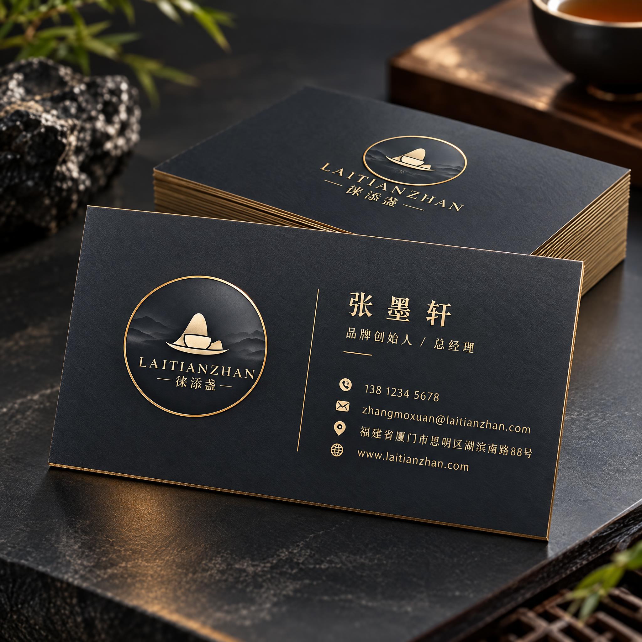 徕添盏茶品牌名片设计模板，正面展示。新中式高端风格，深灰色底色… - 图片创意预览