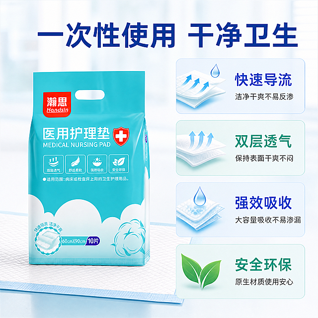 「图片1」，生成一套主图（2张），商品名称是瀚思一次性成人护理垫，卖点是一次性，适配淘宝/天猫平台，主图比例为1:1
