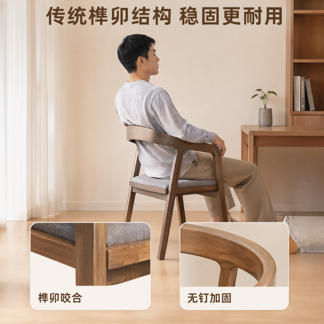 [主图-2] 榫卯结构工艺展示-实木桶椅功能亮点图。氛围风格是简约原木风，温馨居家生活感，要求商业摄影质感、光线柔和通透、产品清晰真实、画面干净高级，整体场景为简约原木风书房，保留墙面地面与首图一致，预览效果