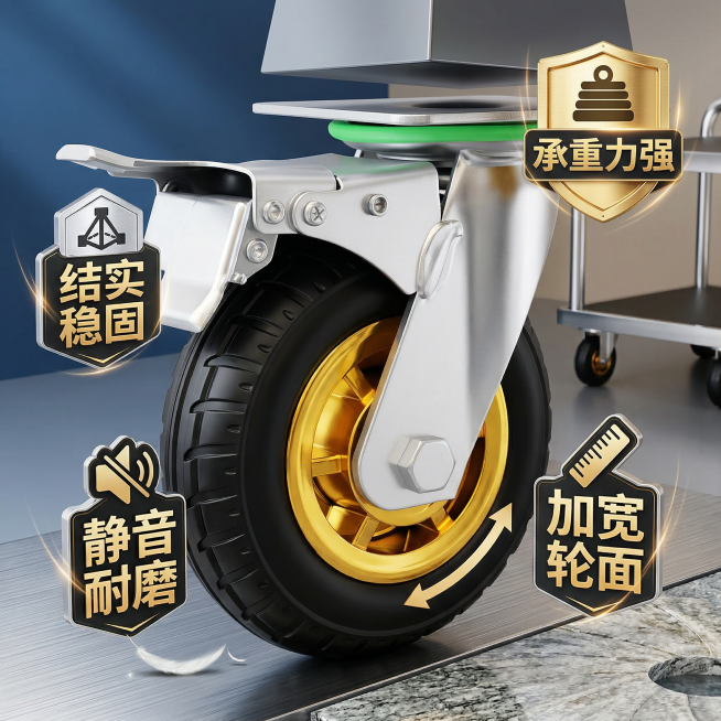 基于图中的静音耐磨橡胶轮制作电商直通车推广图，800x800像素，设计风格新颖有创意，要吸引人眼球，添加卖点文案："静音耐磨" "承重力强" "结实稳固" "加宽轮面"，突出产品特性，商业电商风，清晰预览效果
