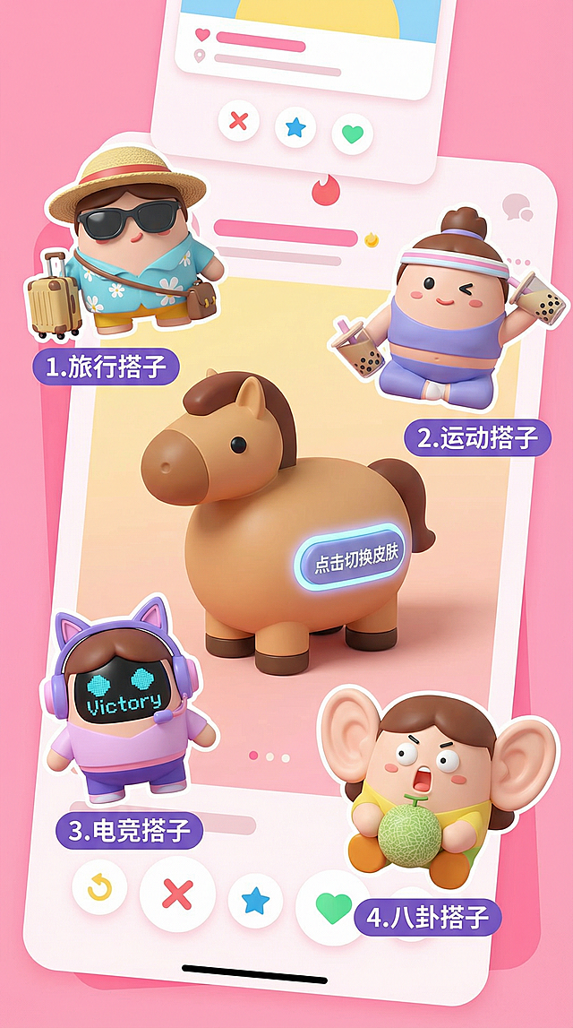 软3D风+粘土质感，拟人化角色萌趣十足，卡通感与梦幻色彩交织，体积感突出，呈现可爱治愈的社交互动场景。