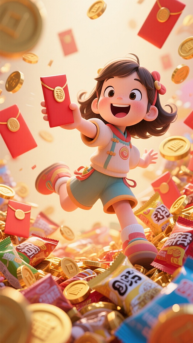 强烈镜头畸变，冲击力强，大幅度夸张动作，画面四周围绕的是很多红包和金币，一个穿搭可爱的小女孩，左手向前伸向镜头，刚刚接着一个大红包，惊喜的表情，表情开心，比例夸张，背景在零食堆上