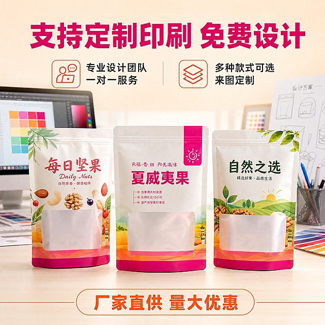 [主图-6] 主题：定制印刷服务展示，突出免费设计与支持定制的服务优势。
[统一基调] 整体风格为专业食品包装工业品质风，背景主色为浅米白+暖橙渐变，标题字色为深玫红，辅助字色为深灰色，强调色为亮橙色；字体为粗黑体（标题）+ 常规黑体（正文），字号层级分明；卡片采用圆角浅底微阴影样式，图标为线性简约风。
[画面] 画面中央展示三袋不同印刷设计的自立镀铝自封包装袋，呈品字形排列。中间一袋为用户原图的夏威夷果款（外观、颜色、图案、文字与输入图完全一致，禁止任何改动），左右两袋为不同印刷风格的同款袋型（袋型、尺寸、材质、颜色基调一致，仅印刷图案和文字内容不同，展示定制效果）。三袋均直立摆放，底部平稳。背景为设计工作室风格，有电脑屏幕、调色板、设计草图等元素虚化在背景中。
[光影质感] 商业摄影质感，柔和均匀的影棚光线，每袋底部有自然阴影，中间主袋光线略亮突出，袋身亮光膜质感清晰。
[配色] 背景浅米白+淡蓝色设计工作室色调，标题深玫红色，产品保持原图配色为主。
[文字版式] 顶部大标题"支持定制印刷 免费设计"，深玫红粗黑体；下方分两点："专业设计团队 一对一服务""多种款式可选 来图定制"；底部小字"厂家直供 量大优惠"，亮橙色。文字放在上下区域，不遮挡产品。
[输出要求] 比例1:1，文字清晰可读，产品清晰锐利。禁止：袋体变形、改变袋体直径、改变形状、改变透视角度、重新绘制袋体、改变主袋产品颜色、错字、模糊、水印、平台Logo。