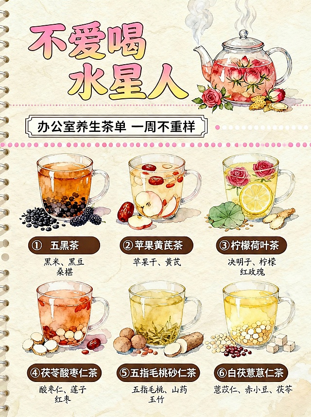 修正茶饮细节：①五黑茶原料改为黑米、黑豆、桑椹；③柠檬荷叶茶添加红玫瑰；⑤五指毛桃砂仁茶原料改为五指毛桃、山药、玉竹；⑥白茯薏苡仁茶原料改为薏苡仁、赤小豆、茯苓，同时修正对应茶饮标签下方的原料文字，保持奶黄调水彩质感、浅米色手账样式、粉白波点线分隔、整体布局和风格不变