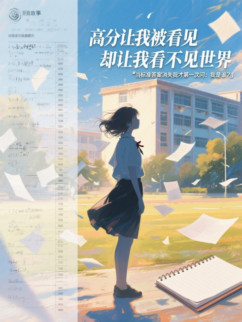 画面中央是站在风中的女生剪影，身后是被风吹散的试卷，远处是大学教学楼轮廓；画面左边淡淡浮现密密麻麻公式和排名榜，右边是风、阳光和空白的笔记本，色调左冷右暖，上方有宋体标题“高分让我被看见却让我看不见世预览效果