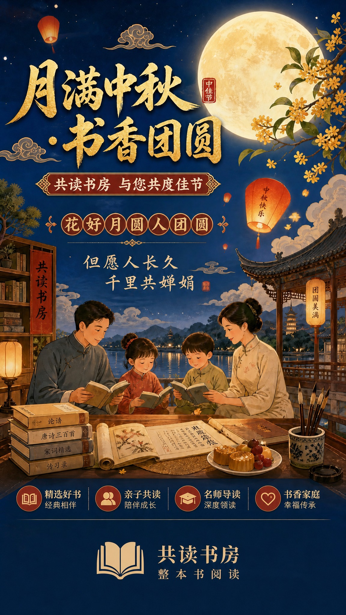 在保持原有中秋海报整体设计、主副标题、祝福语、月亮祥云桂花等所… - 图片创意预览