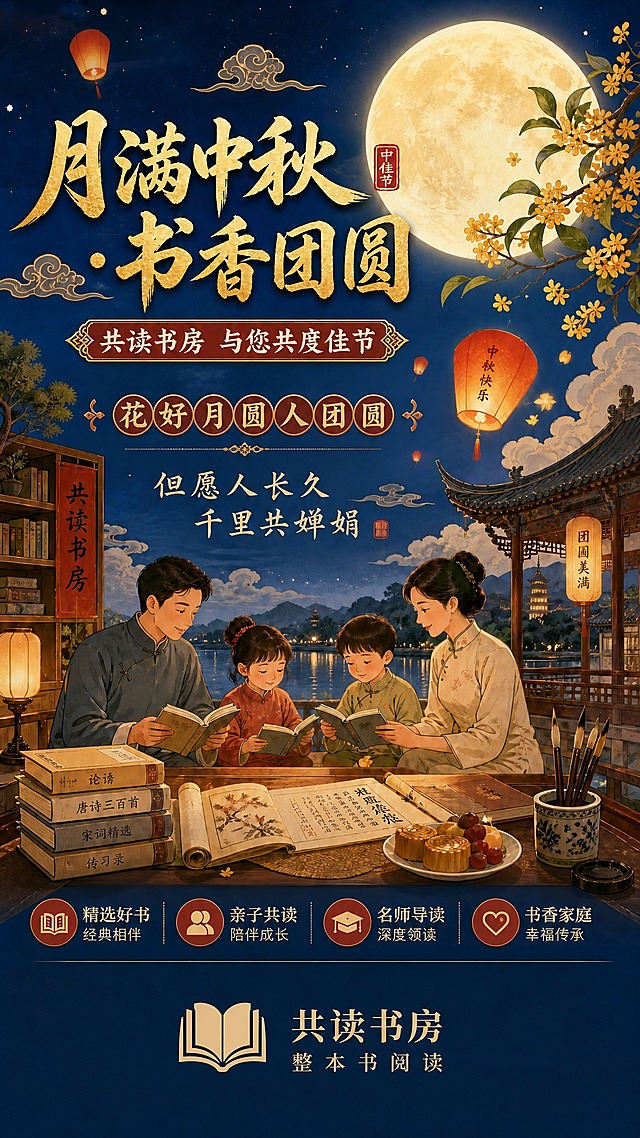 在保持原有中秋海报整体设计、主副标题、祝福语、月亮祥云桂花等所有视觉元素、色系和版式完全不变的基础上做以下修改：1. 去掉右下角的二维码占位符、电话、地址和网址等所有信息；2. 将书本图形标志和"共读书房 整本书阅读"文字放置在海报最底部的正中间位置，作为居中底栏品牌标识；3. 其余所有内容（月满中秋·书香团圆标题、共读书房与您共度佳节副标题、花好月圆人团圆、但愿人长久千里共婵娟等文案、满月、祥云、桂花、人物场景等）全部保持原样不变；4. 底部居中的书本标志与文字排版精致，与整体风格统一，四周留舒适边距。