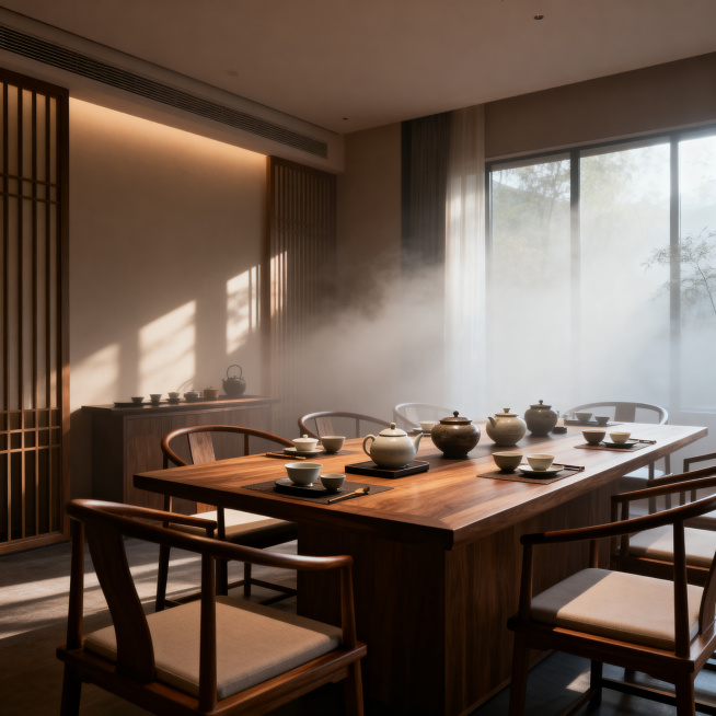 新中式茶室包厢空间，光影层次丰富，室内光线柔和朦胧，简约线条设计，木质桌椅，桌面摆放着齐全的陶瓷茶具，禅意雅致氛围，现代与传统融合的新中式装修风格，优雅静谧预览效果