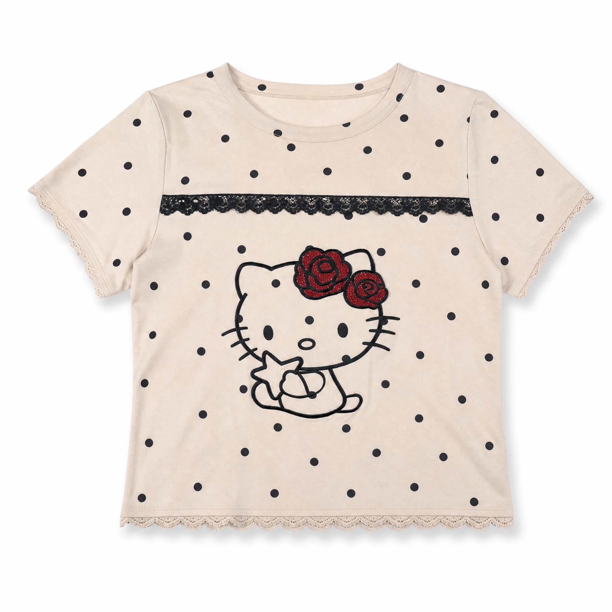 参考图中杏色波点Hello Kitty短袖T恤的服装款式、颜色… - 图片创意预览