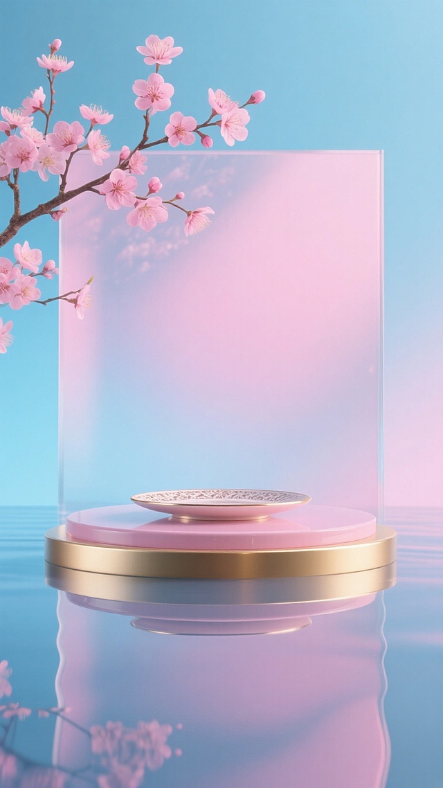 电商展台，毛玻璃折射质感，桃花枝在顶部，水面倒影，托盘，渐变背景，粉色和蓝色为主色