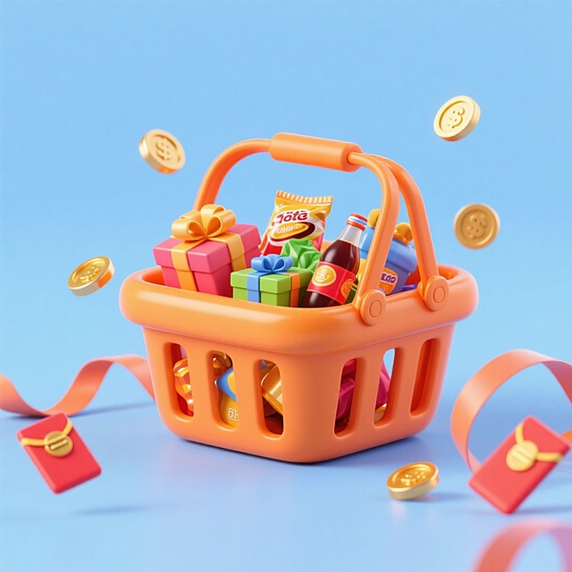 一个橙色购物篮，里面有礼盒、购物袋、零食饮料，点缀金币、红包、飘带，浅蓝色背景