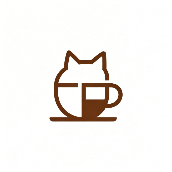 猫语咖啡咖啡店logo，单色咖啡色，极简风格，融合猫咪轮廓与咖啡杯造型元素，几何化设计，线条简洁流畅，识别度高，白底背景，符合logo设计的极简永恒性要求预览效果
