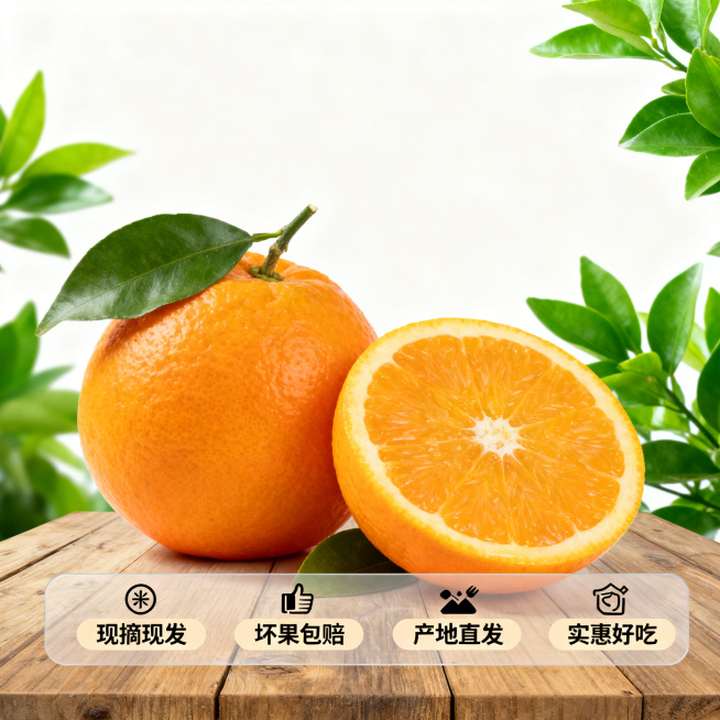 秭归脐橙服务承诺主图，整颗带叶脐橙搭配切开果肉，摆放在木质桌面，背景搭配新鲜绿叶点缀，整体干净清新。底部半透明悬浮条横向排列服务卖点：现摘现发 坏果包赔 产地直发 实惠好吃，搭配图标文字，黑色字配浅色预览效果
