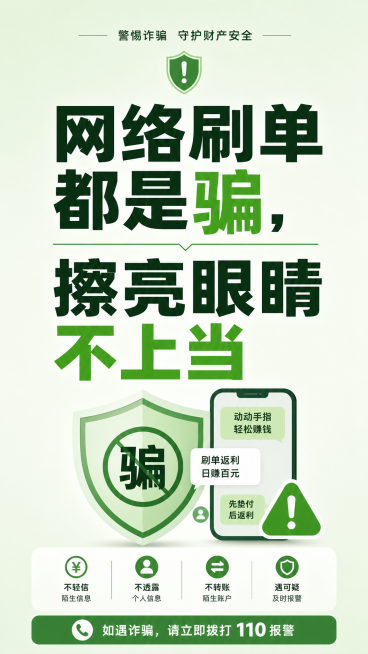 反诈骗提示海报，简洁干净浅绿背景，配醒目文字"网络刷单都是骗，擦亮眼睛不上当"，背景不乱，简单明了的公益设计预览效果