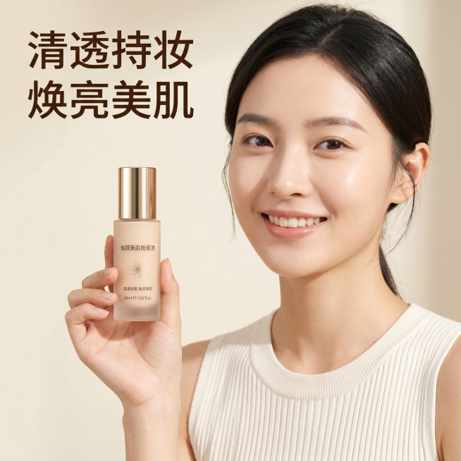 [主图-4] 焕颜美肌粉底液真人上妆效果主图，真实自然说服力强，高清商业摄影，清晰细腻。年轻亚洲女生模特半脸特写，妆容干净精致，穿着简约米白色连衣裙，面带自然微笑。产品放置在模特手部托住，位于画面下方预览效果