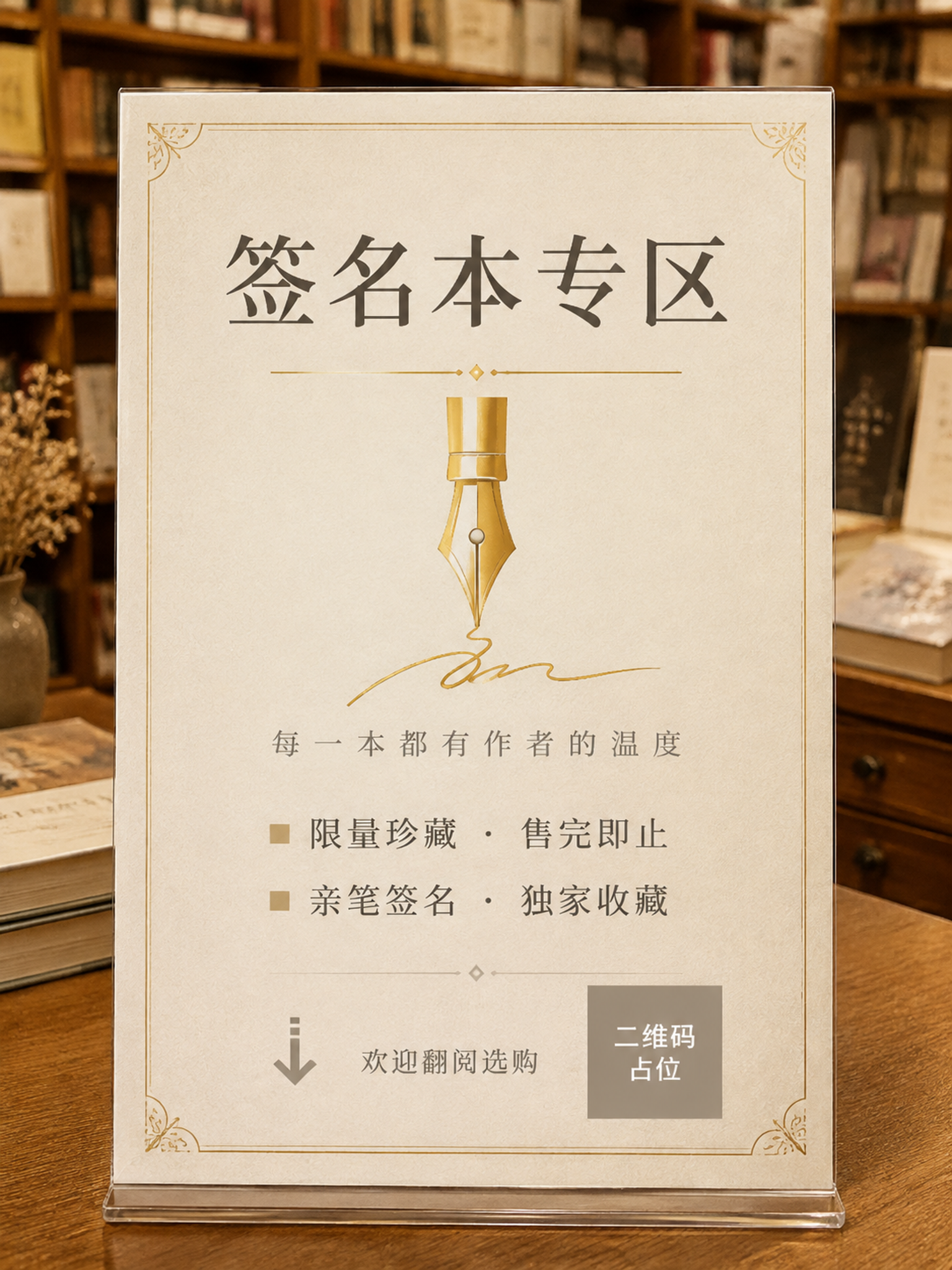 一张竖版书店桌面立牌设计，A5比例，文艺简约风格，米白色哑光纸… - 图片创意预览