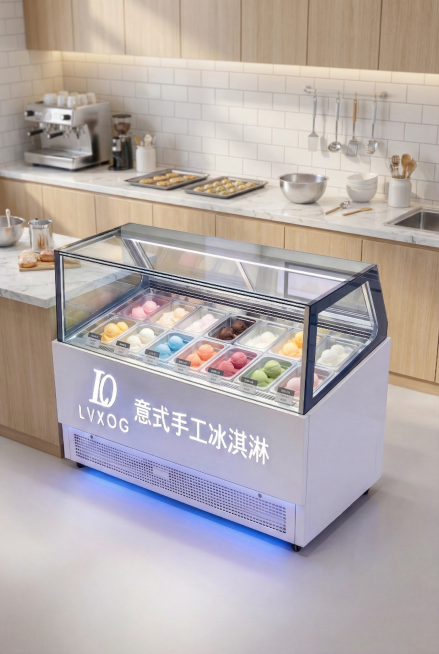 核心主体保留上传的LVXOG意式手工冰淇淋展示柜，严格还原产品外观、结构、柜内多口味冰淇淋、价格标签等所有细节，保持产品真实材质质感，不改变产品外观、LOGO位置、品牌元素和配色方案，保留真实金属哑光预览效果