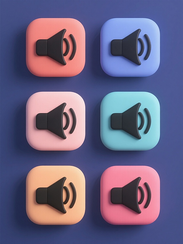 六个完全相同的软3D风格静音图标（由黑色扬声器轮廓和斜向交叉的黑色线条组成）规整排布的系列素材集合，每个图标分别采用完全不同的纯色背景与图标配色组合，保持原图标简洁的造型和内容，整体呈现出和谐统一的软3D视觉效果。