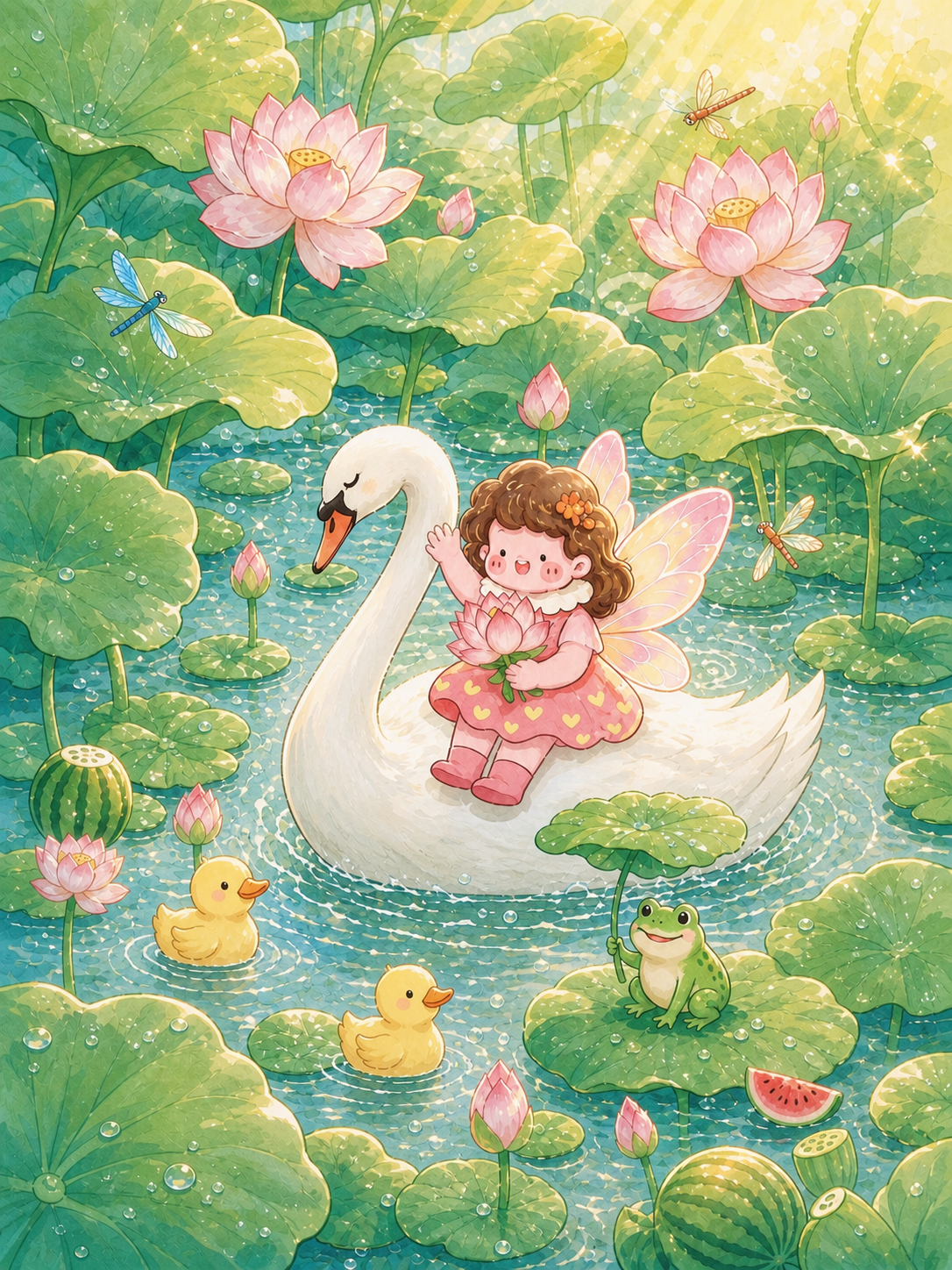 基于上一张生成的夏日荷塘插画修改：减少画面中的水花，以画面中心… - 图片创意预览