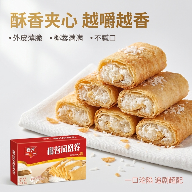 [主图 2]春光椰蓉凤凰卷口感卖点电商主图；
[氛围风格] 食欲感、真实诱人的食品摄影风格，拼多多风格；
[画质] 商业摄影质感、光线柔和通透、产品清晰真实、画面干净高级；
[元素] 多段椰蓉凤凰卷切预览效果