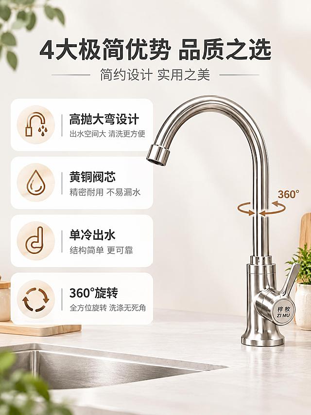 [商品] 使用【图1】【图2】304不锈钢单冷高抛大弯厨房水龙头（黄铜阀芯 极简北欧风）；保留全部结构、比例、拉丝不锈钢银色材质；底座"梓牧 ZI MU"标识保留原样；产品精修：清理水渍指纹，增强金属细腻质感，不改变结构。
[画面] 页面目标：核心卖点总览页，4大核心卖点快速传递极简实用价值。采用极简北欧icon卖点卡型版式，画面右侧为产品主体，占比约45%，展示高抛大弯龙头完整外观，龙头微微向左侧旋转，展示360°旋转特性。左侧为4个竖排白色圆角卖点卡，每个卖点卡配原木色简约线性图标+大标题+小字说明，从上到下依次排列，卡片之间间距均匀，留白充足。背景为米白色渐变，干净明亮，有轻微纸张质感，北欧极简感强。
[视觉] 套系策略：风格=极简北欧清新自然风；标题字=纤细现代无衬线体（思源黑体细体风格）；正文字=简洁纤细无衬线体；主色=米白+浅木色+浅灰；背景延展=基于米白/浅灰做深浅层级、细腻纸张质感和原木/绿植/陶瓷元素；强调色=原木暖棕色，仅用于小面积图标、引线、标签高亮；标题色=深炭灰色；正文色=中灰色；组件=白色圆角极简单层卡片、纤细引线、简约线性图标；光影=柔和均匀正面柔光，金属拉丝纹理细腻清晰，整体光线均匀柔和，阴影极浅，极简干净。
[文字] 顶部主标题深炭灰色大字"4大极简优势 品质之选"，副标题中灰色"简约设计 实用之美"；左侧4个卖点：1.高抛大弯设计 出水空间大 清洗更方便；2.黄铜阀芯 精密耐用 不易漏水；3.单冷出水 结构简单 更可靠；4.360°旋转 全方位旋转 洗涤无死角；每个卖点配对应原木色简约线性图标（水龙头、水滴、开关、旋转箭头）；文字全部横排，深炭灰色标题+中灰色正文，字号层级清晰，留白充足。
[规格] 图片比例3:4竖版，2K分辨率，quality=medium；负向：产品变形、结构错误、色差、模糊、水印、平台Logo、杂乱元素、悬浮感、竖排文字、绝对化用语、Logo被修改、风格不统一。