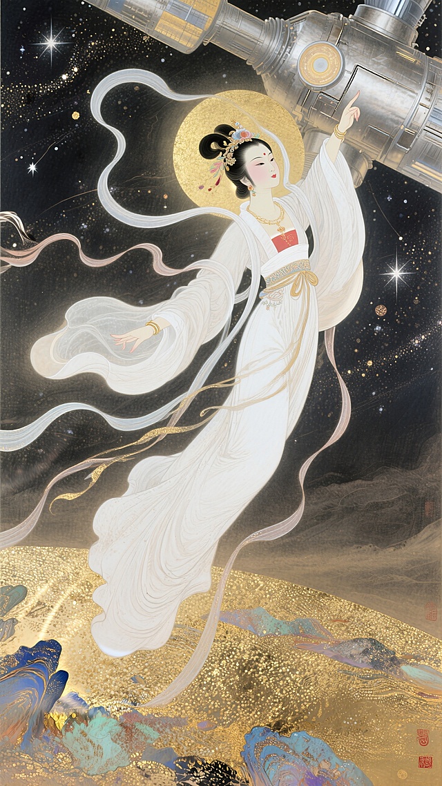 嫦娥仙子腾空抬手，目光所至是一个现代太空空间站，背景是星空