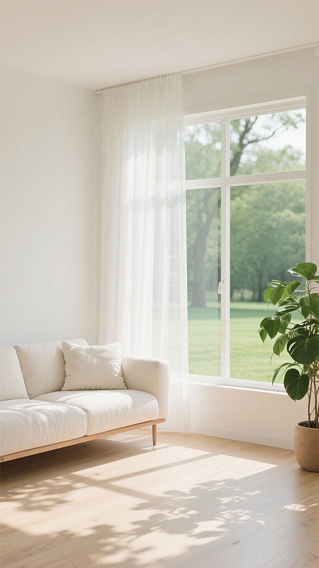 明亮的北欧风格客厅室内场景，极简主义设计，米白色布艺沙发配蓬松靠垫，窗边垂落的白色半透明纱帘，阳光透过窗户在浅色木地板上投下树影斑驳的光影效果，左侧摆放茂盛的绿色室内植物，窗外是模糊的绿色树木和草地，整体色调以米白、浅木色和绿色为主，光线柔和明亮，营造出清新、宁静、通透的居家氛围，扁平化设计风格，简洁的线条，柔和的色彩过渡，低饱和度，无明显纹理细节，强调色块与光影的平面构成感。