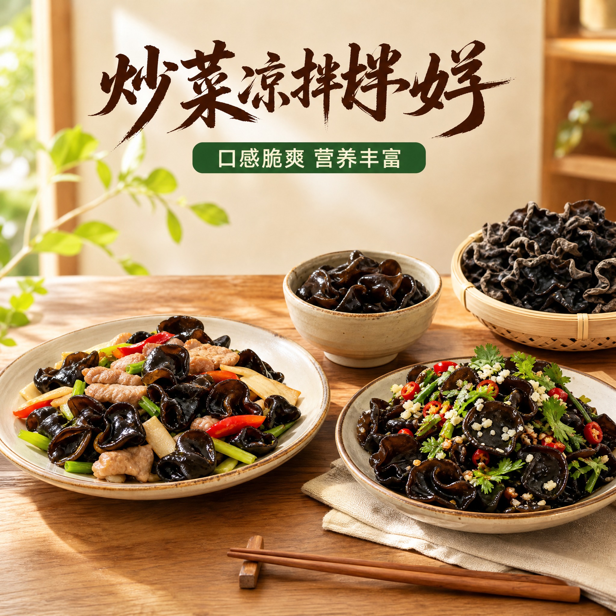 [主图-4 秋木耳使用场景图] 炒菜+凉拌双场景 家常餐桌氛围… - 图片创意预览