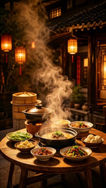 提取灯箱内美食图片，生成同风格竖版海报，保留木质圆桌上热气腾腾的中式砂锅菜品，多个菜肴盛放在白瓷碗中，背景是江南古镇中式庭院，暖黄灯光，氛围感温暖烟火气，质感高清预览效果