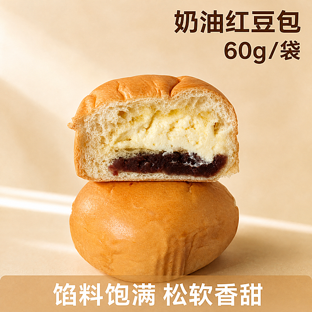 [主图-1] 奶油红豆包爆款首图，展示切开后饱满内馅。保持奶油红豆包外观（物理结构、材质质感、颜色）与输入产品图绝对一致，杜绝任何变形和色差，精细化处理。结合参考图风格，采用简约干净的暖米色背景，商品主体占比严格控制在60%-80%之间。[氛围风格] 高食欲暖调氛围感，商业零食摄影风格；[画质] 商业摄影质感、光线柔和通透、产品清晰真实、画面干净高级；[元素] 完整面包在下，切开的面包叠放在上方，切面朝向镜头，清晰展示出下层红豆沙上层奶油的分层内馅，红豆饱满绵密，奶油细腻绵密，背景干净不抢产品主体。[光影] 自然暖阳逆光，强调食物通透感与面包色泽，软光均匀，高光柔和，暗部有层次无死黑；[配色] 主色调暖米、面包棕黄、红豆深紫，柔和自然风格。[视角构图] 平视中心构图，景深适中，产品完整不裁切；[文字版式] 顶部靠右对齐，大字主文案写"奶油红豆包 60g/袋"，深棕色最大号粗体无衬线，清晰醒目，底部浅棕色半透明通栏文案写"馅料饱满 松软香甜"，浅色字体，反差清晰，文字不遮挡产品主体。[比例分辨率] 1:1 比例，2k 分辨率，文字清晰可辨，超高清。[负向提示词] 变形，水印，文字错乱，产品图模糊，背景杂乱，文字遮挡主体