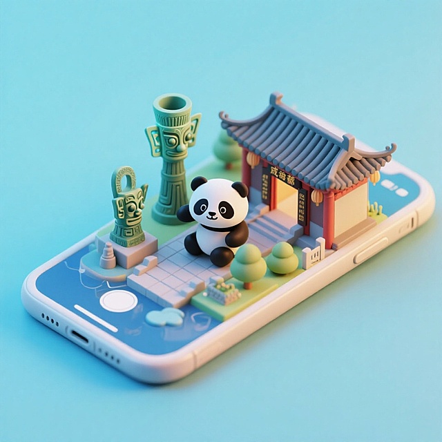 软3D风微缩艺术，熊猫与中式建筑萌趣登场，融合民族元素与科技感，清新柔和，尽显可爱与舒适。