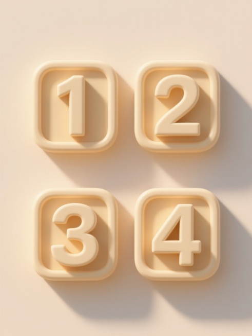 浅色背景上，上下两行对齐排列的3D立体数字「1、2、3、4」，每个数字被包裹在一个与原图像数字相同配色的方形立体边框中，数字和边框均呈现出温暖的米黄色调，具有明显的3D浮雕质感和细腻的光影过渡效果，高光部分明亮柔和，阴影部分自然真实，整体风格统一为简洁明快的3D图标设计，数字字体为圆润无衬线样式，每个数字方块大小一致，间距均匀，排列整齐，视觉上具有清晰的层次感和立体感，整体氛围轻松明快，符合原……预览效果