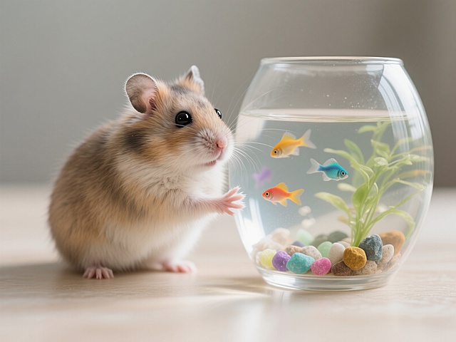 拟人风小鼠凝视玻璃鱼缸，水彩质感的鱼儿游动，重拟物风实景呈现清新可爱感，营造舒适温馨氛围。