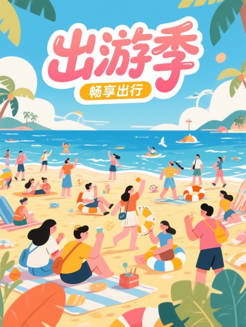 扁平插画风格，海边场景，画面包含丰富细节，有许多正在游玩的人，使用潮流花体字设计大标题"出游季"，搭配副标题"畅享出行"，超高清4K画质，干净明快色彩，整体布局协调预览效果