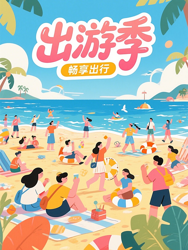 扁平插画风格，海边场景，画面包含丰富细节，有许多正在游玩的人，使用潮流花体字设计大标题"出游季"，搭配副标题"畅享出行"，超高清4K画质，干净明快色彩，整体布局协调