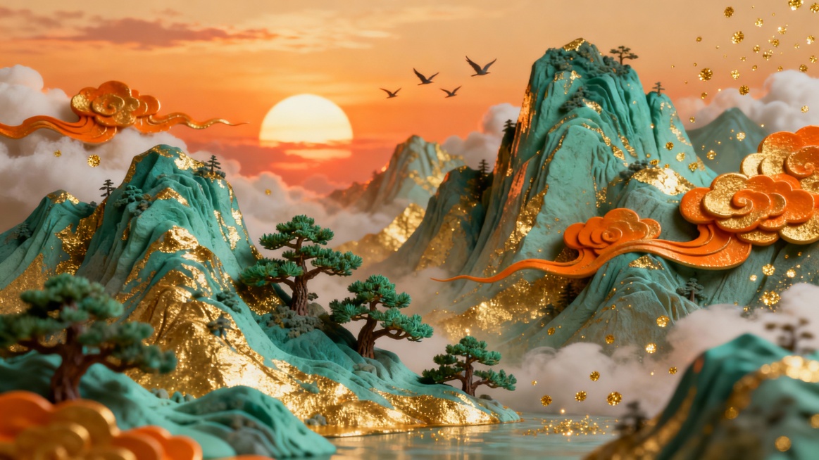 中式典雅风格3D立体插画，以晚霞与青碧山水为主体配色，层叠起伏的青绿山水覆盖金箔纹理，山间点缀苍劲青松，飘逸的橙金色祥云纹缠绕峰峦，金粉般的光点随风散落，天际一轮落日余晖映照，数只飞鸟掠过云端，整体画预览效果