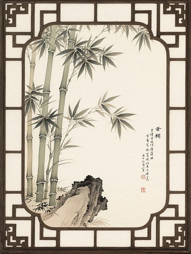 《梅兰竹菊之竹子》古典中式工笔风，竹石相映，水墨淡雅，窗格框景，意境深远。