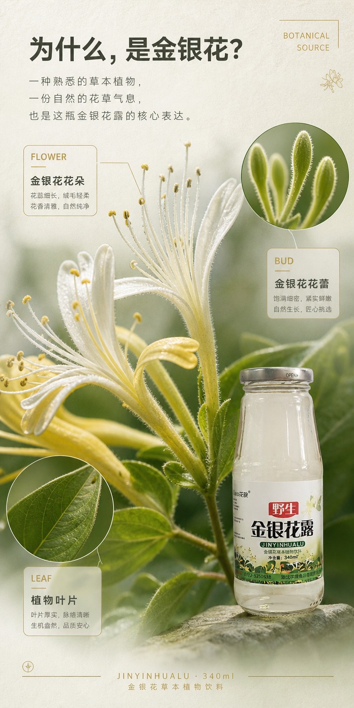 [商品] 使用【图1】野生金银花露玻璃瓶产品图；严格保留：透明… - 图片创意预览