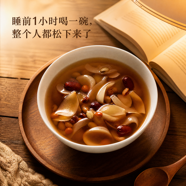 [主图-3] 一碗煮好的酸枣仁百合安神汤场景展示
[氛围风格] 温馨静谧，睡前氛围，舒缓放松
[画质] 商业摄影质感，光线柔和通透，产品清晰真实，画面干净高级
[元素] 一碗汤色微褐的安神汤放在原木餐预览效果