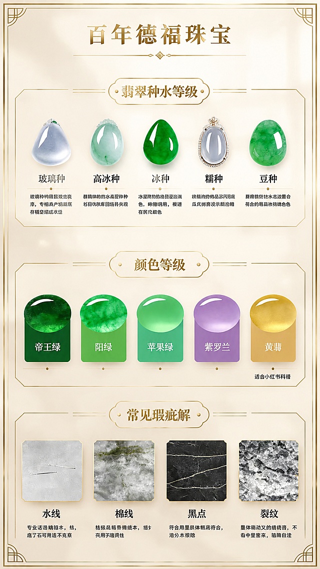 复刻参考图版式骨架，保留翡翠种水等级、颜色等级、常见瑕疵三个分区结构，将深绿色背景替换为浅香槟主色调，整体风格轻奢雅致，排版精美，9:16竖版，顶栏放置品牌主标题"百年德福珠宝"，保持所有翡翠分级和瑕疵说明的图文内容不变，配色协调统一，文字清晰可读，4K超高清