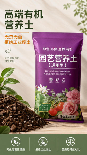 [升级新版头图] 通用型高端园艺营养土宣传海报。本屏使用【图1】作为商品主体参考，保留产品核心信息，升级整体风格。
[氛围/风格] 高端自然简约风，低饱和度莫兰迪配色，高端商业摄影质感，突出产品高品质预览效果