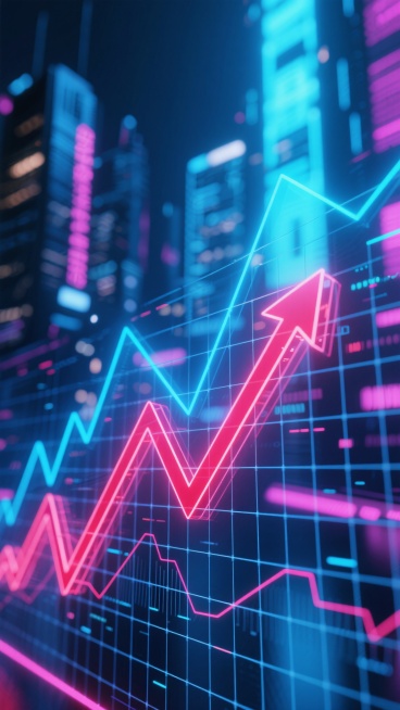 赛博朋克风格的金融数据可视化背景，深蓝色与霓虹粉为主色调，光影呈现科技感十足的网格光线与动态数据流，前景是发光的红色上升曲线图与蓝色网格线交织，背景为模糊的未来城市夜景，整体画面具有强烈的景深效果和玻璃质感，数据线条流畅且充满科技动态感，营造出高端、专业的金融科技氛围。预览效果