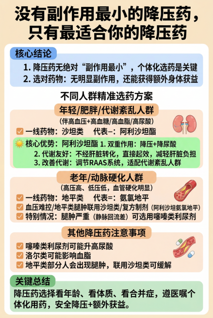生成降压药选择科普信息图，主标题为“没有副作用最小的降压药，只有最适合你的降压药”，核心结论为“降压药无绝对‘副作用最小’，个体化选药是关键，选对药物：无明显副作用，还能获得额外身体获益”。包含不同人预览效果